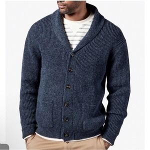 Line of Trade Shetland Wool Navy Blue Shawl Neck Cardigan Sweater